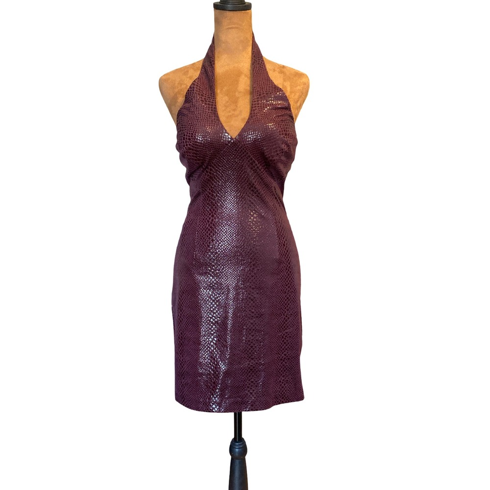 NWT Cache Vintage Plum Purple Snakeskin Embossed Halter Mini Dress  Y2K 2 Sexy